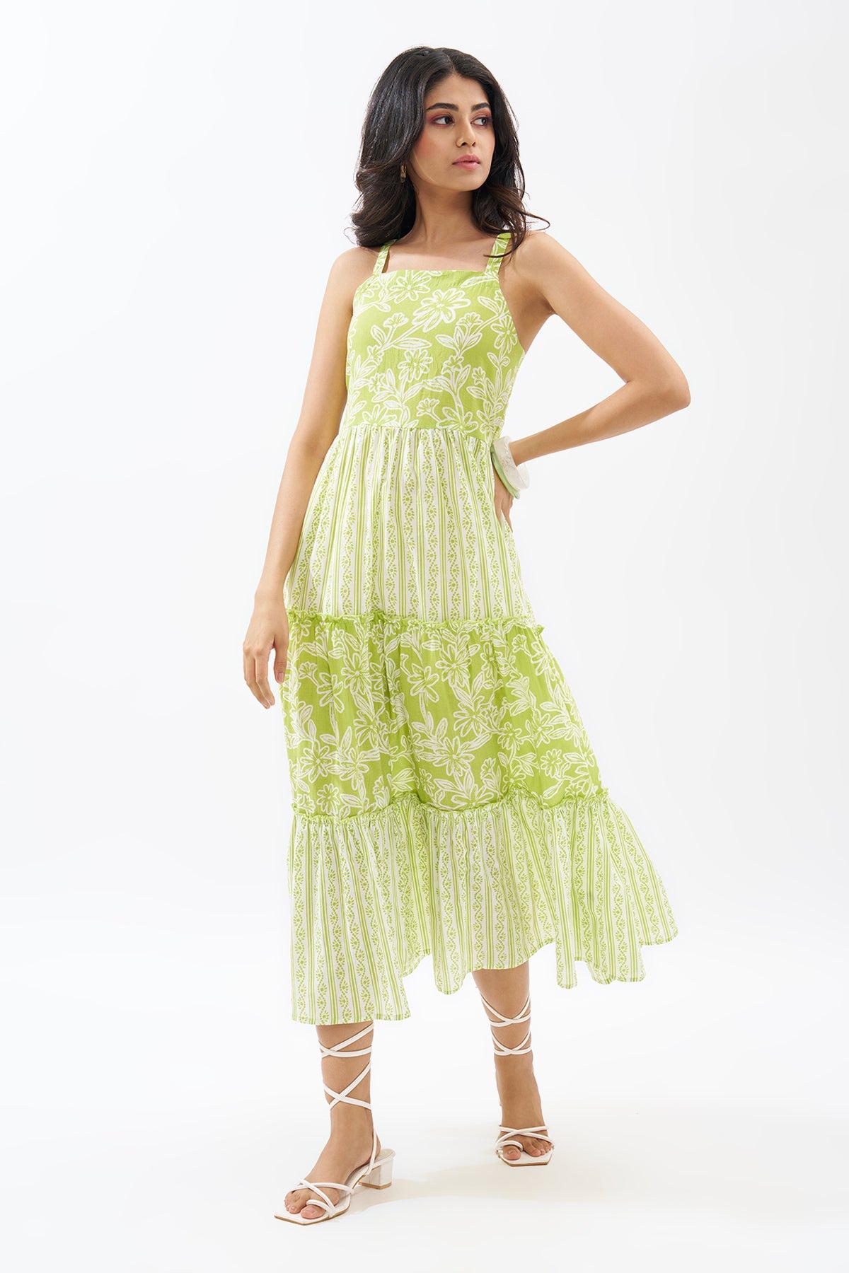Lime Printed Sleeveless Tiered Dress