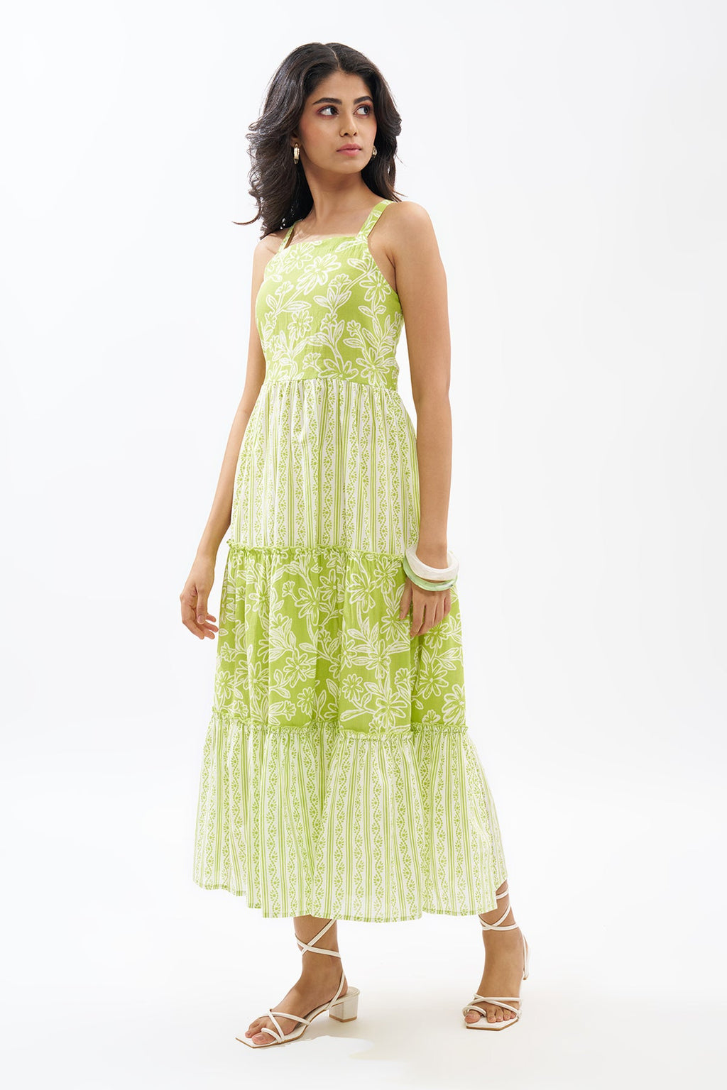 Lime Printed Sleeveless Tiered Dress