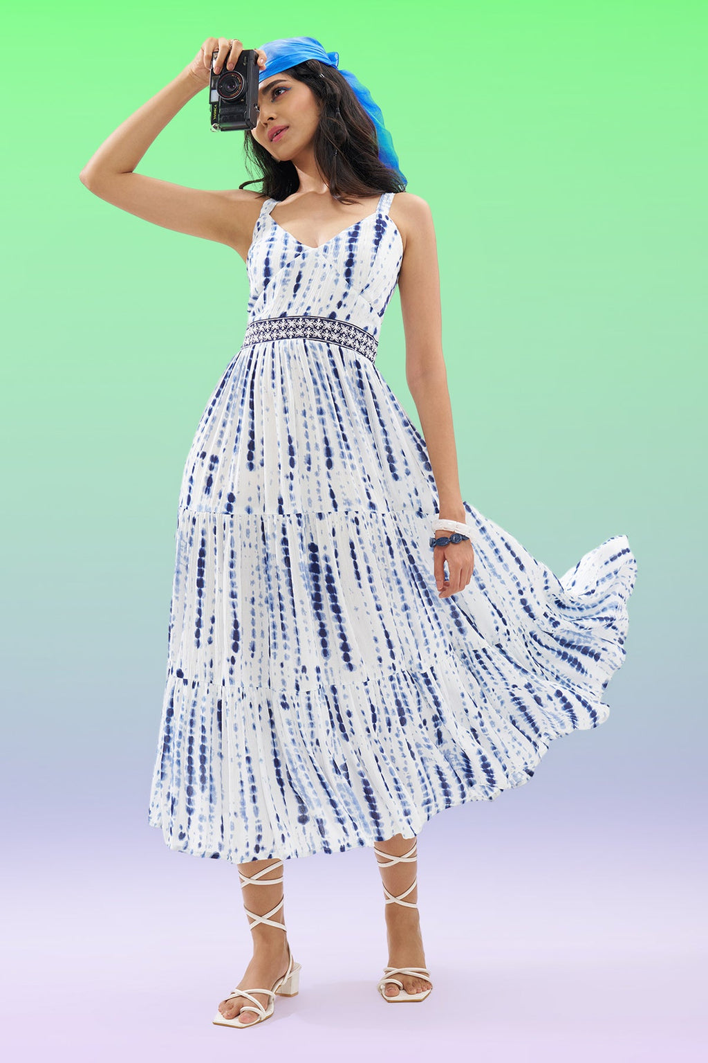 Blue Printed Sleeveless Tiered Dress