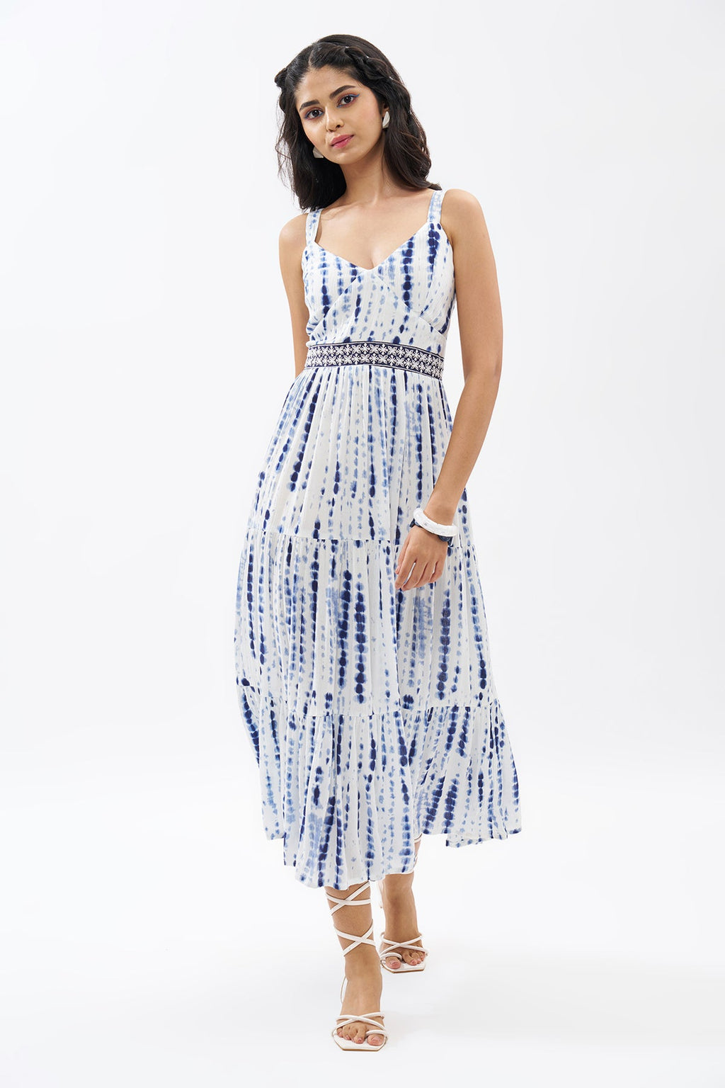 Blue Printed Sleeveless Tiered Dress