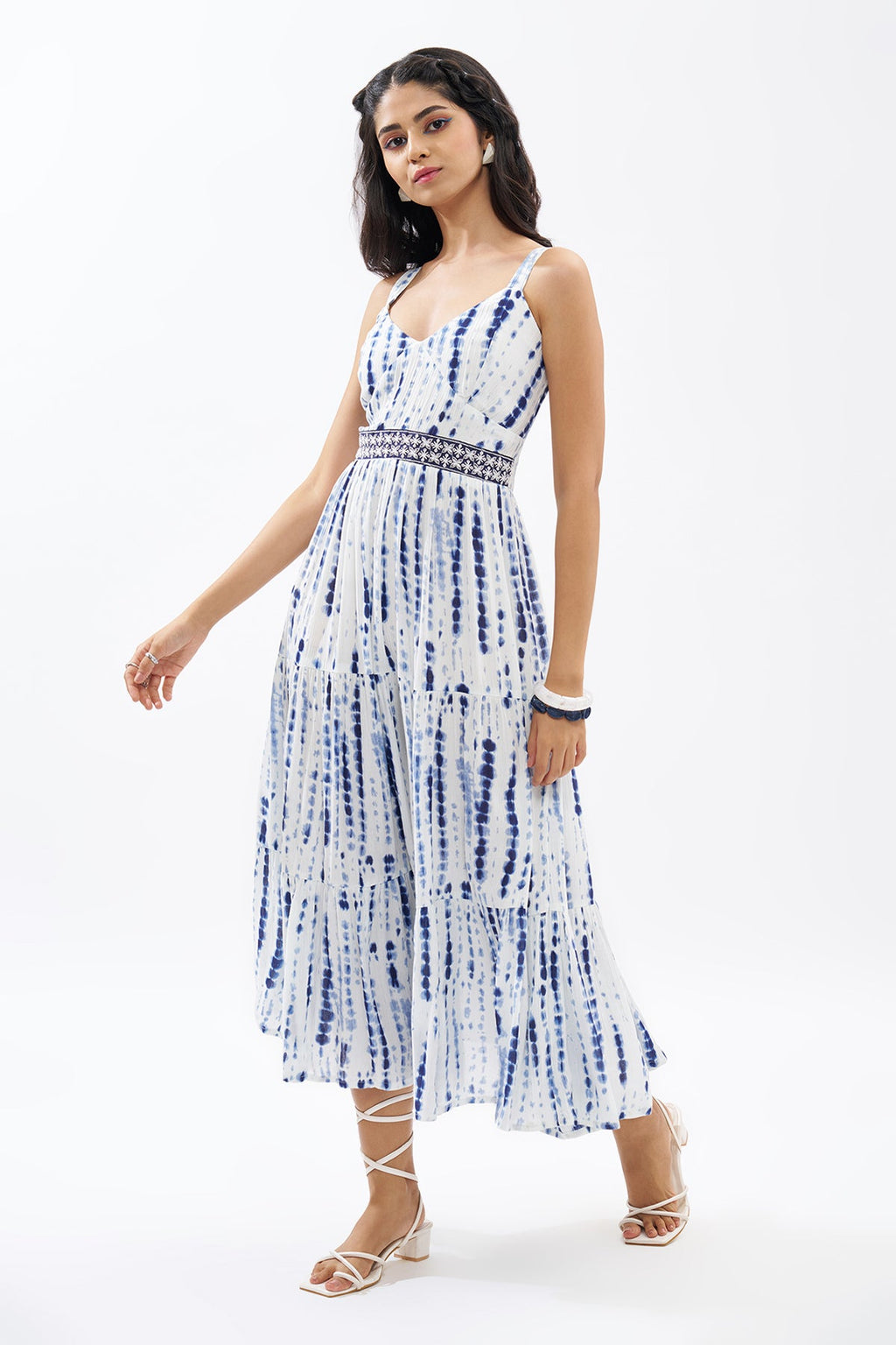 Blue Printed Sleeveless Tiered Dress
