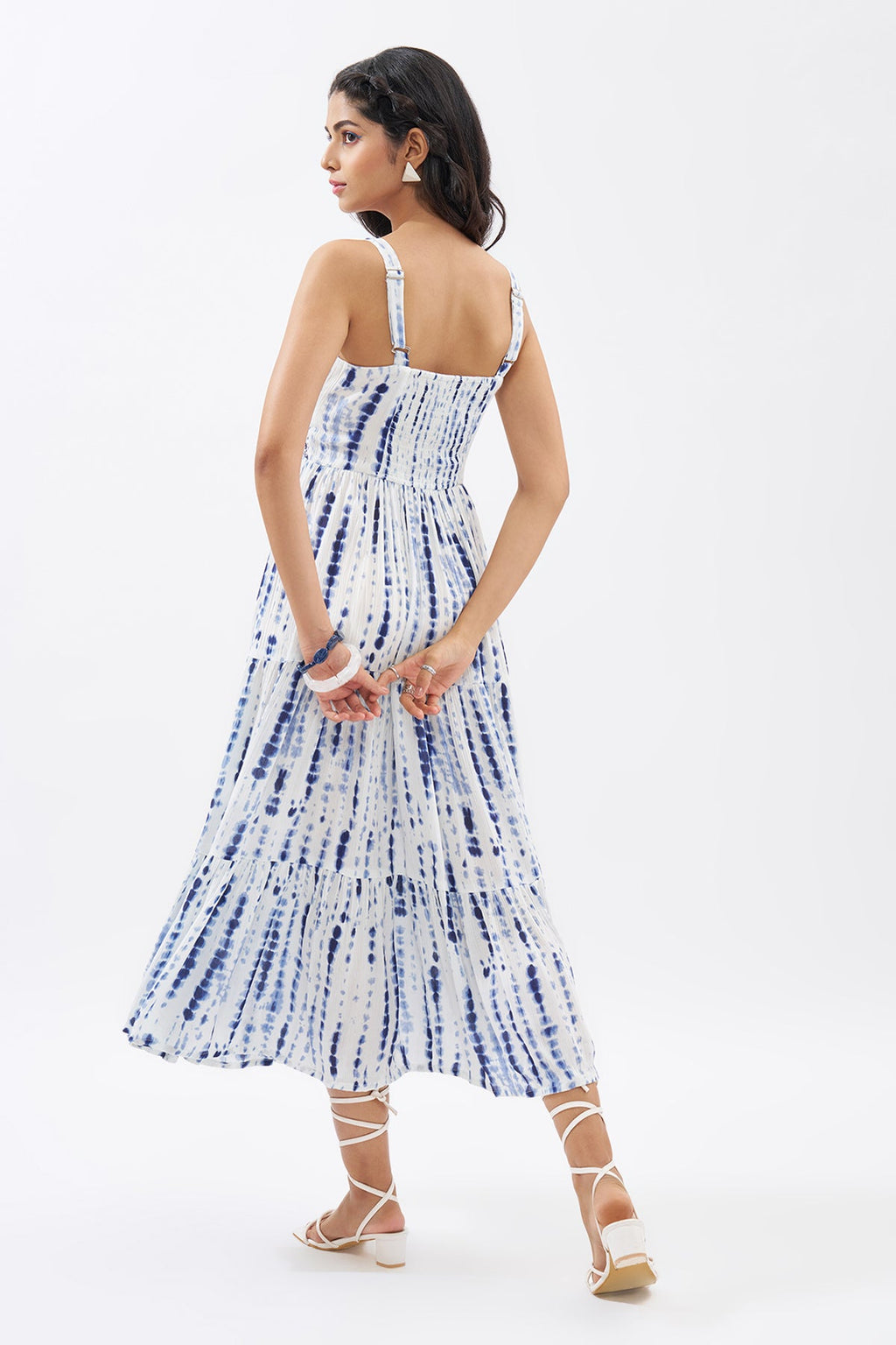 Blue Printed Sleeveless Tiered Dress