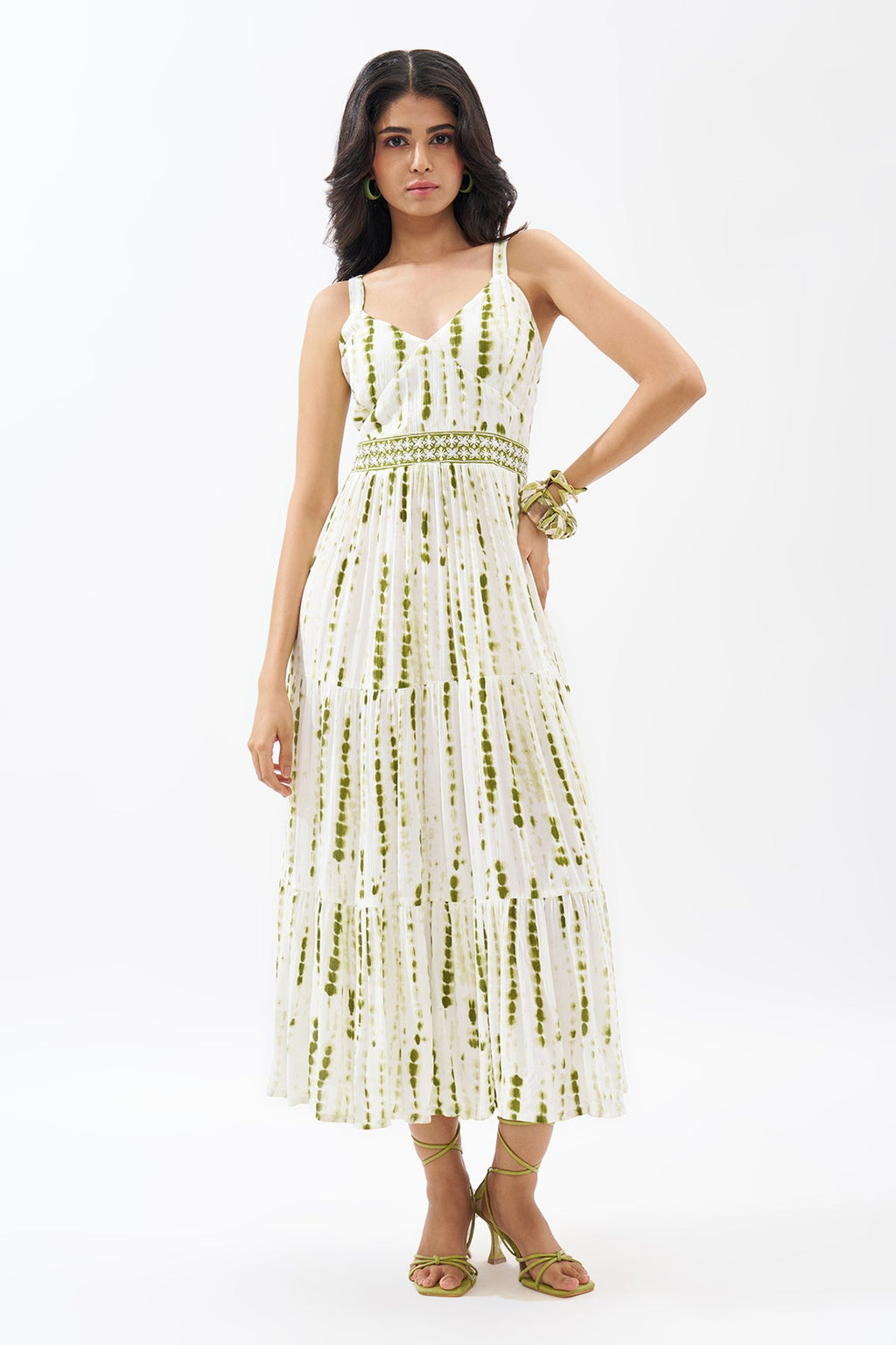 Sage Green Printed Sleeveless Tiered Dress