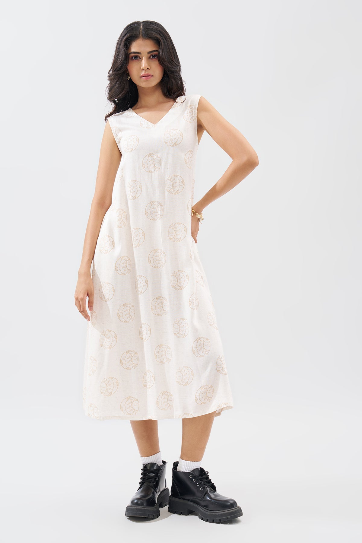 Ecru Motif Print Sleeveless Dress