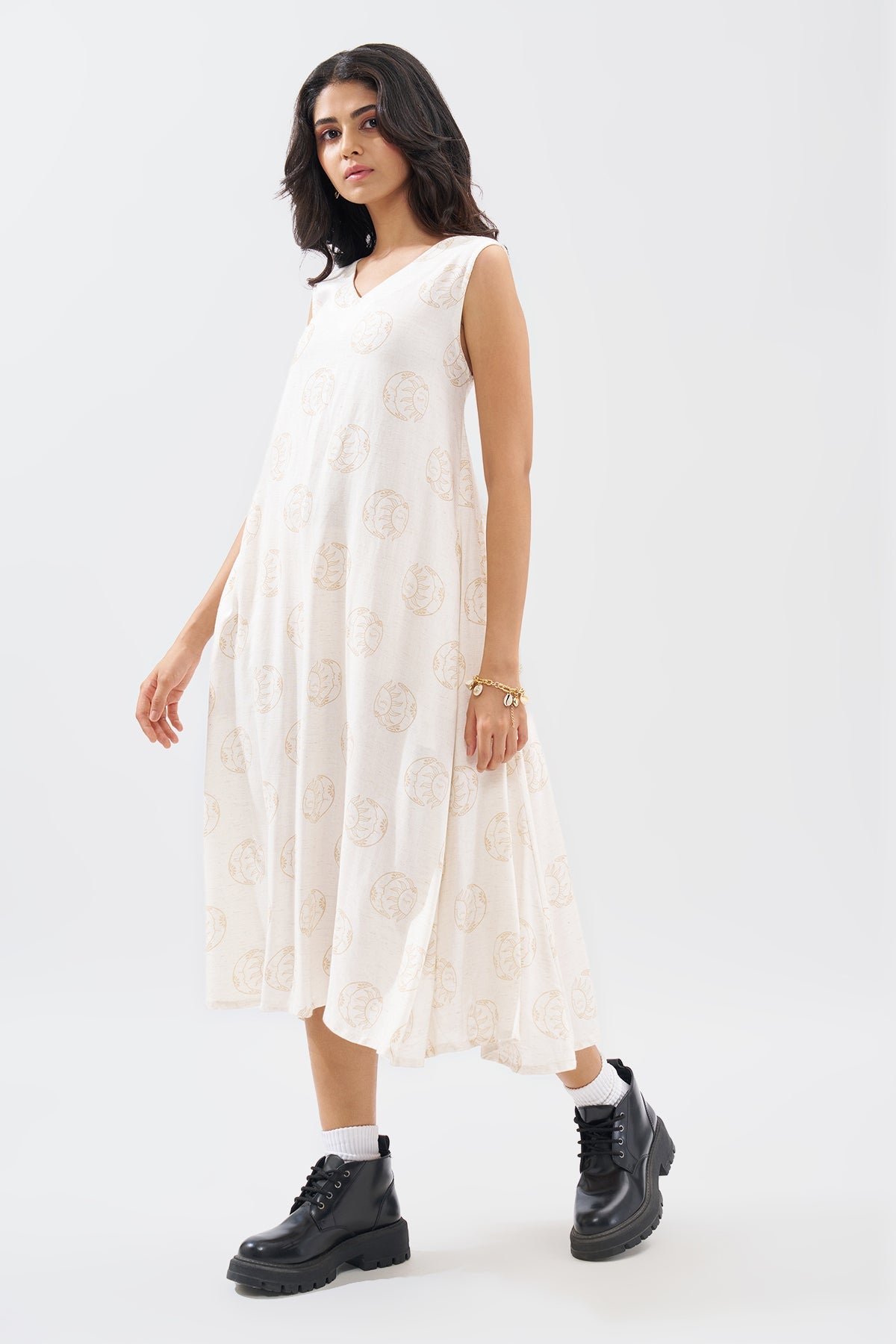 Ecru Motif Print Sleeveless Dress