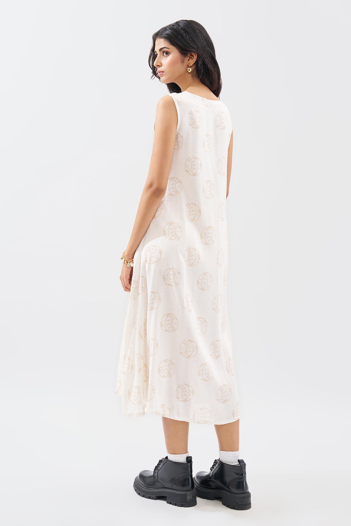 Ecru Motif Print Sleeveless Dress