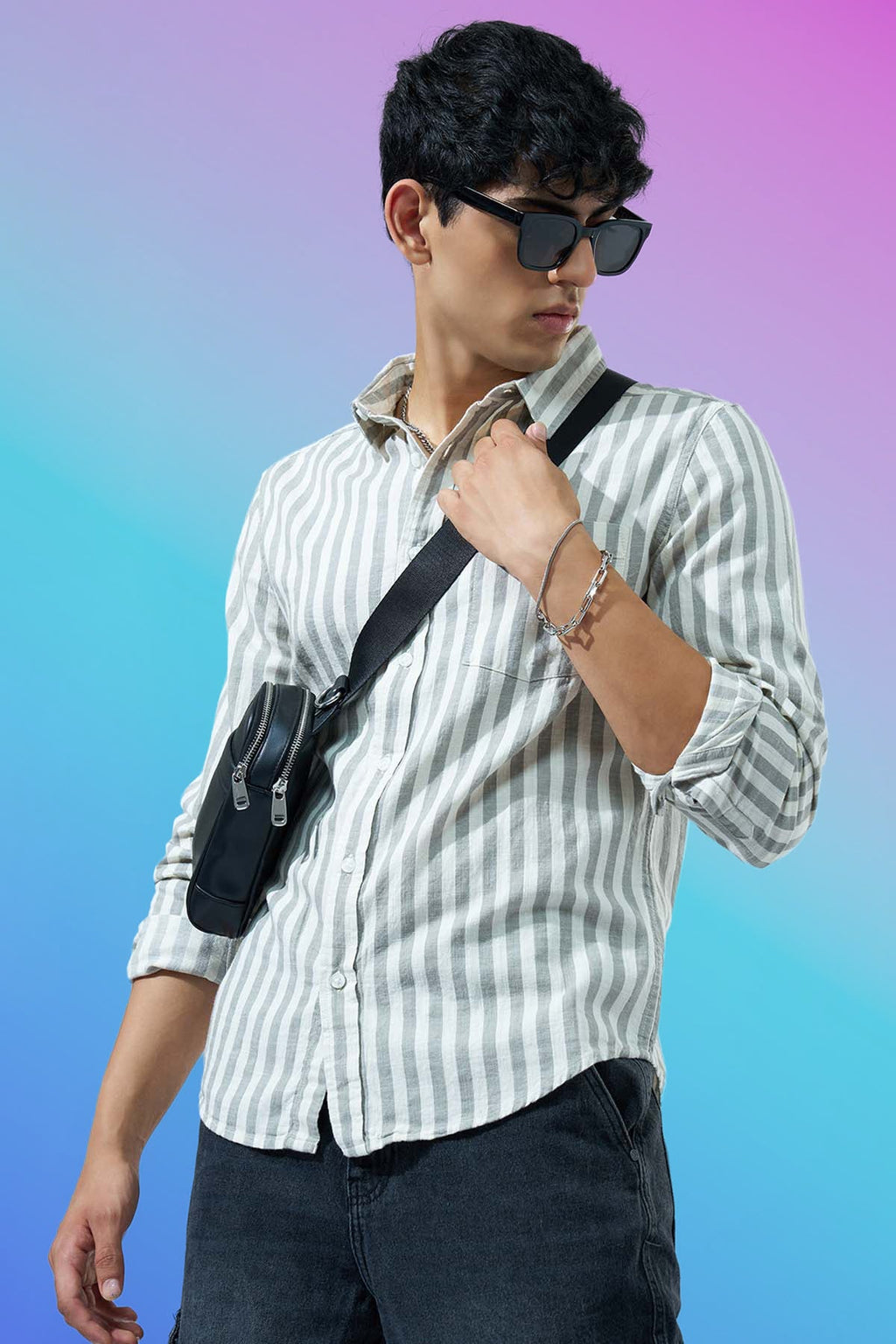 Olive Striped Regular Fit Casual Shirt