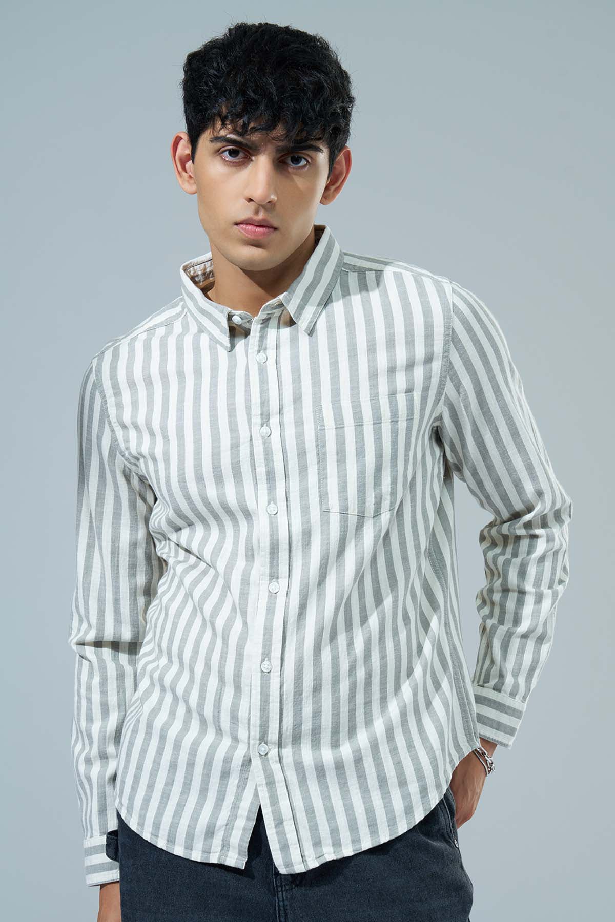Olive Striped Regular Fit Casual Shirt