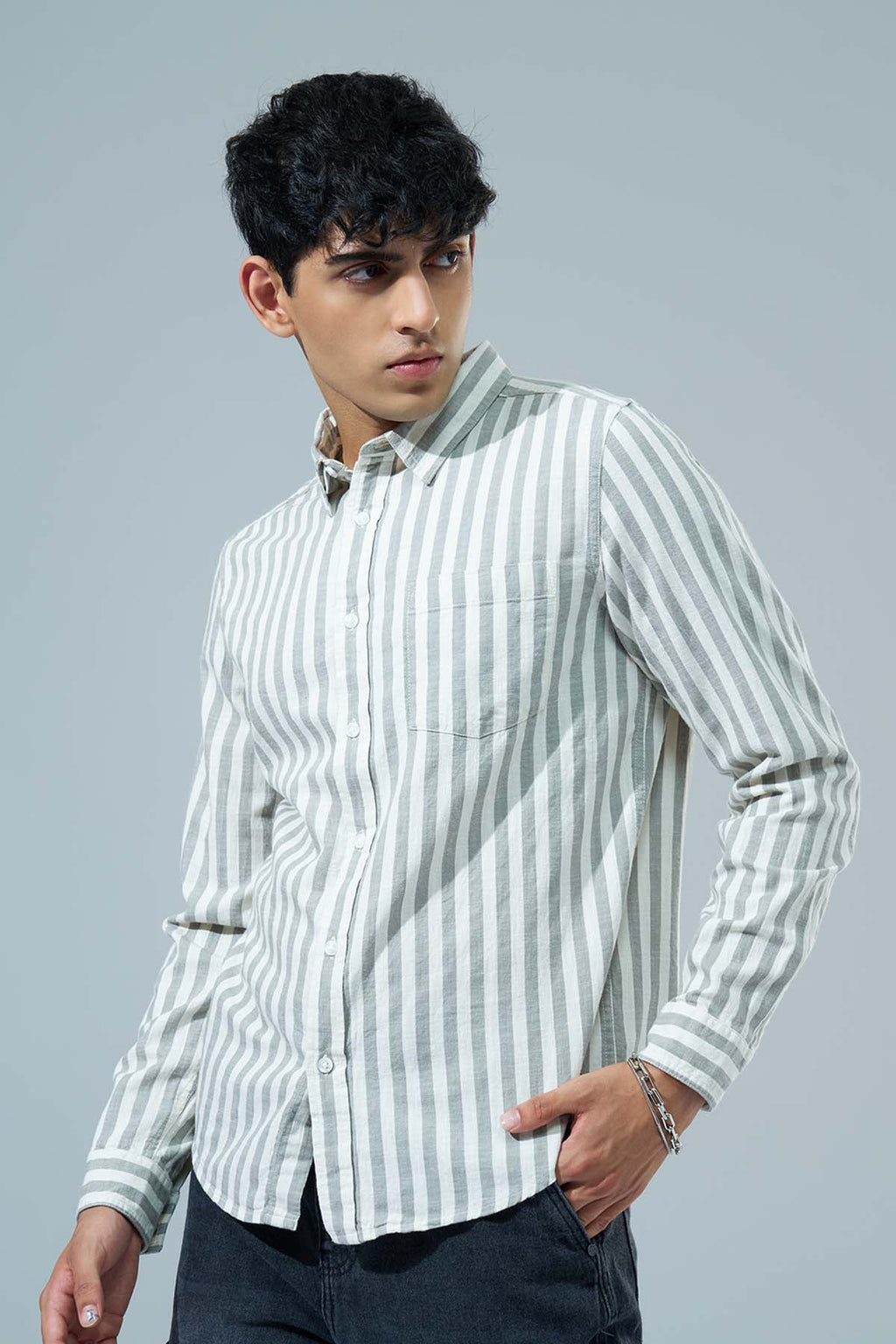 Olive Striped Regular Fit Casual Shirt