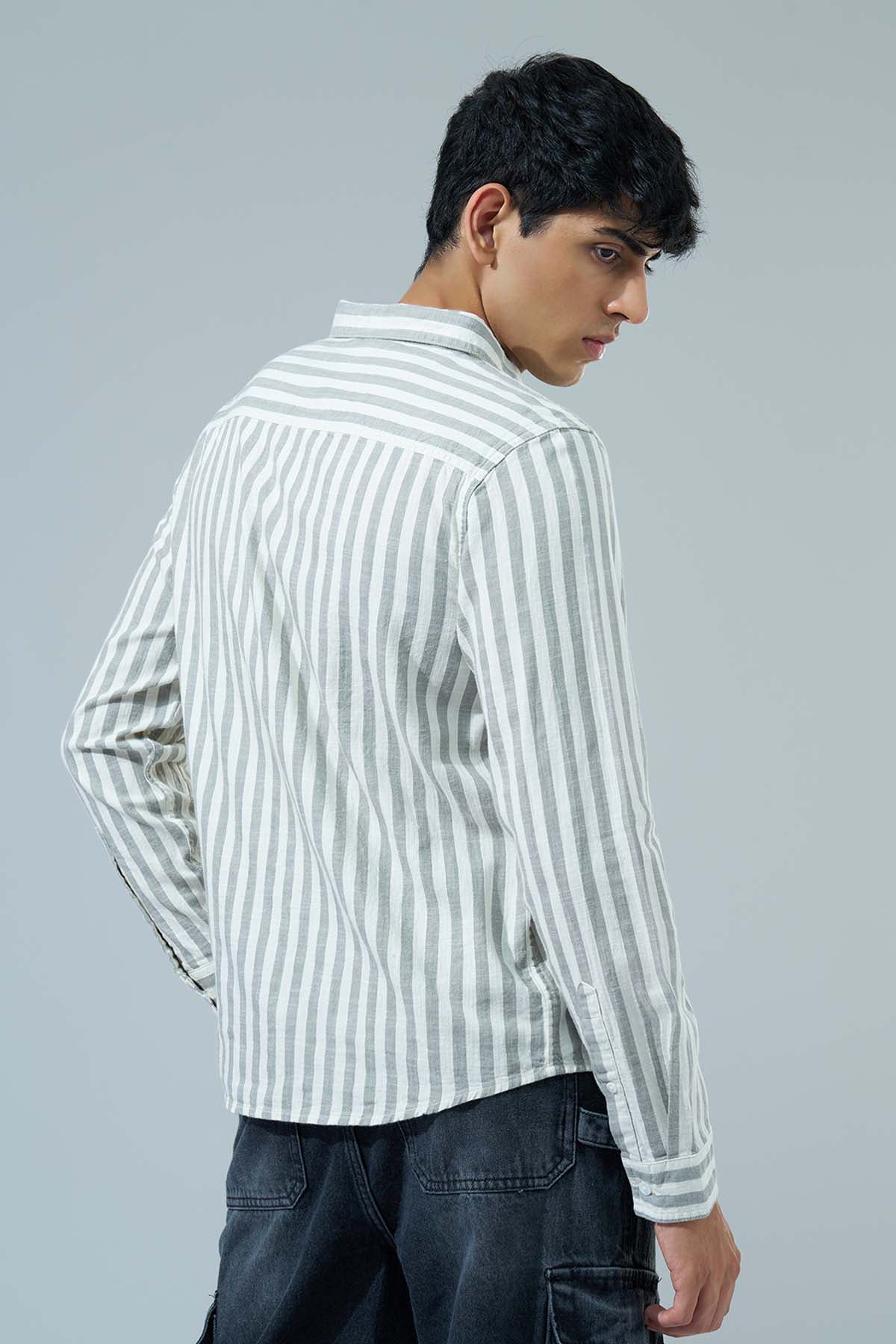 Olive Striped Regular Fit Casual Shirt
