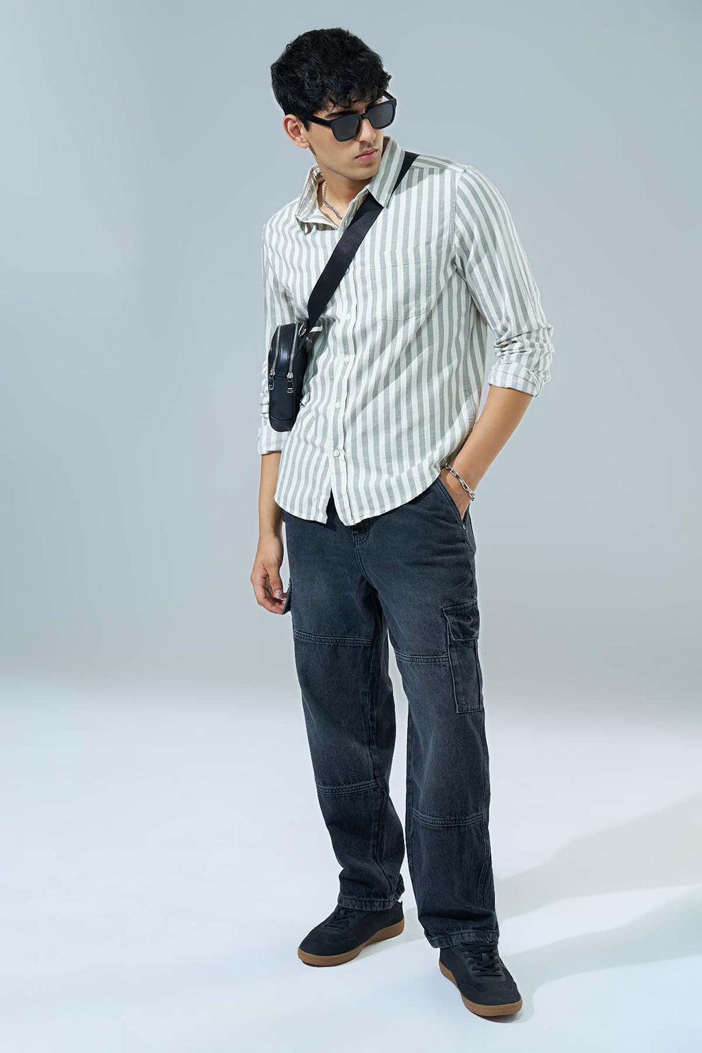 Olive Striped Regular Fit Casual Shirt