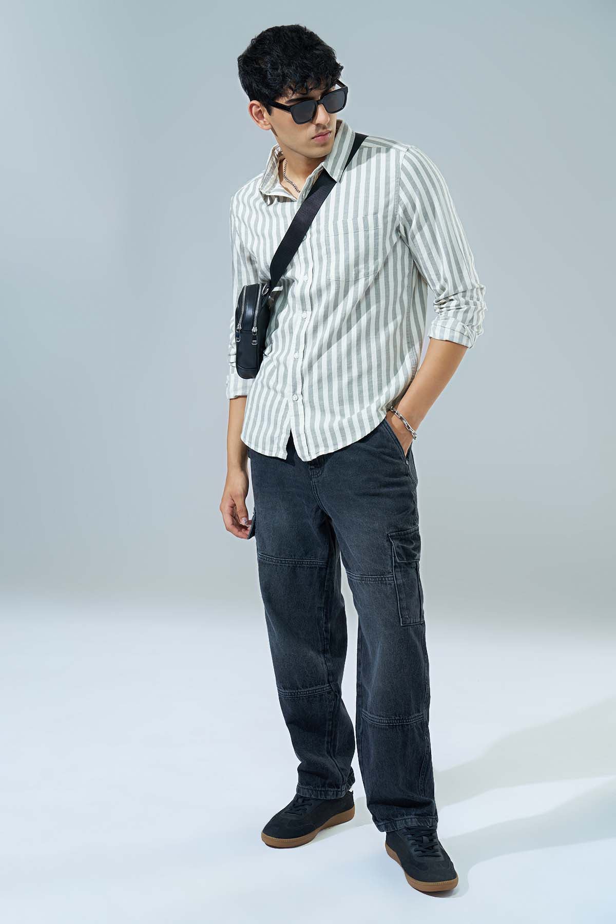 Olive Striped Regular Fit Casual Shirt