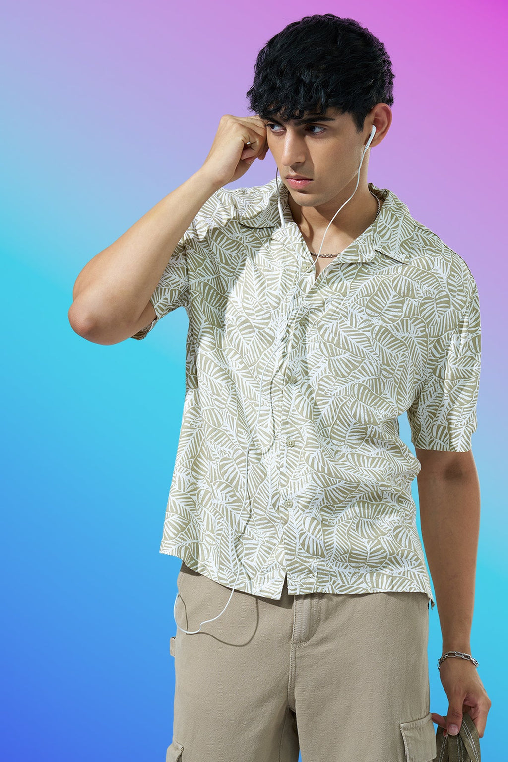 Olive Leaf Printed Regular Fit Casual Shirt