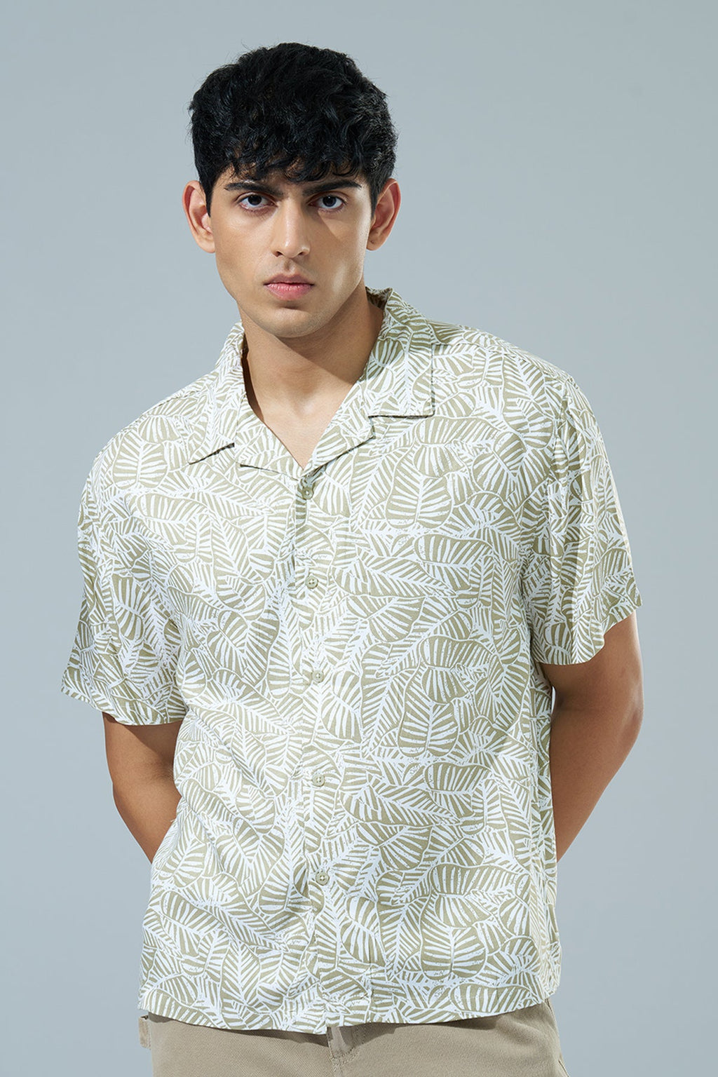 Olive Leaf Printed Regular Fit Casual Shirt