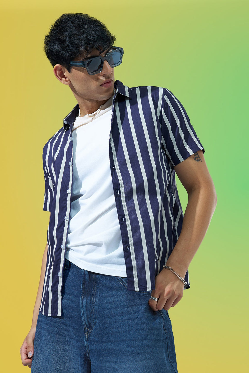 Navy Striped Regular Fit Casual Shirt