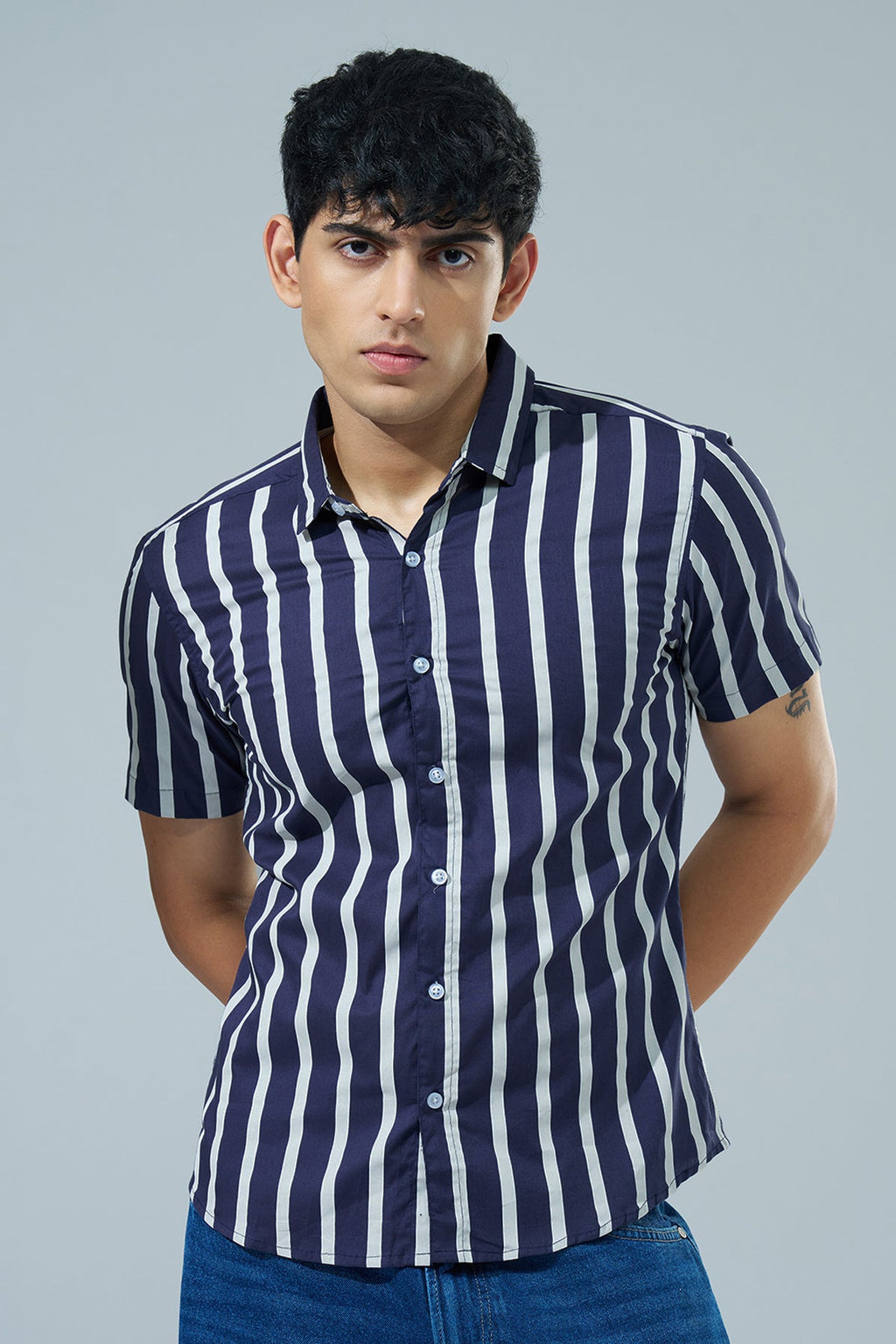 Navy Striped Regular Fit Casual Shirt