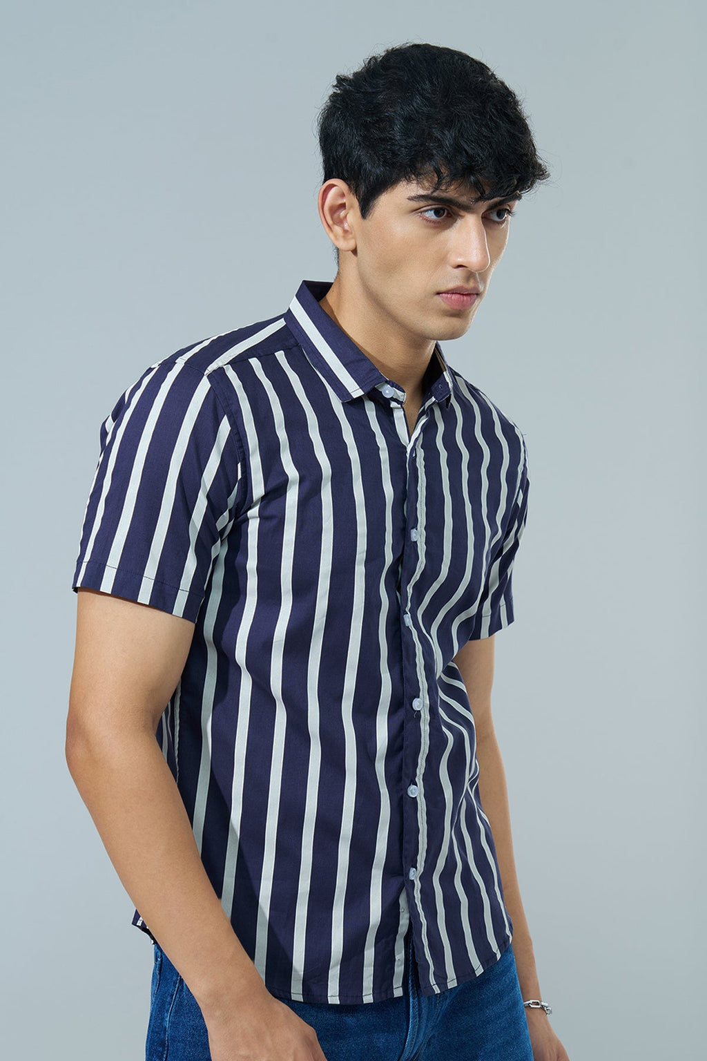 Navy Striped Regular Fit Casual Shirt