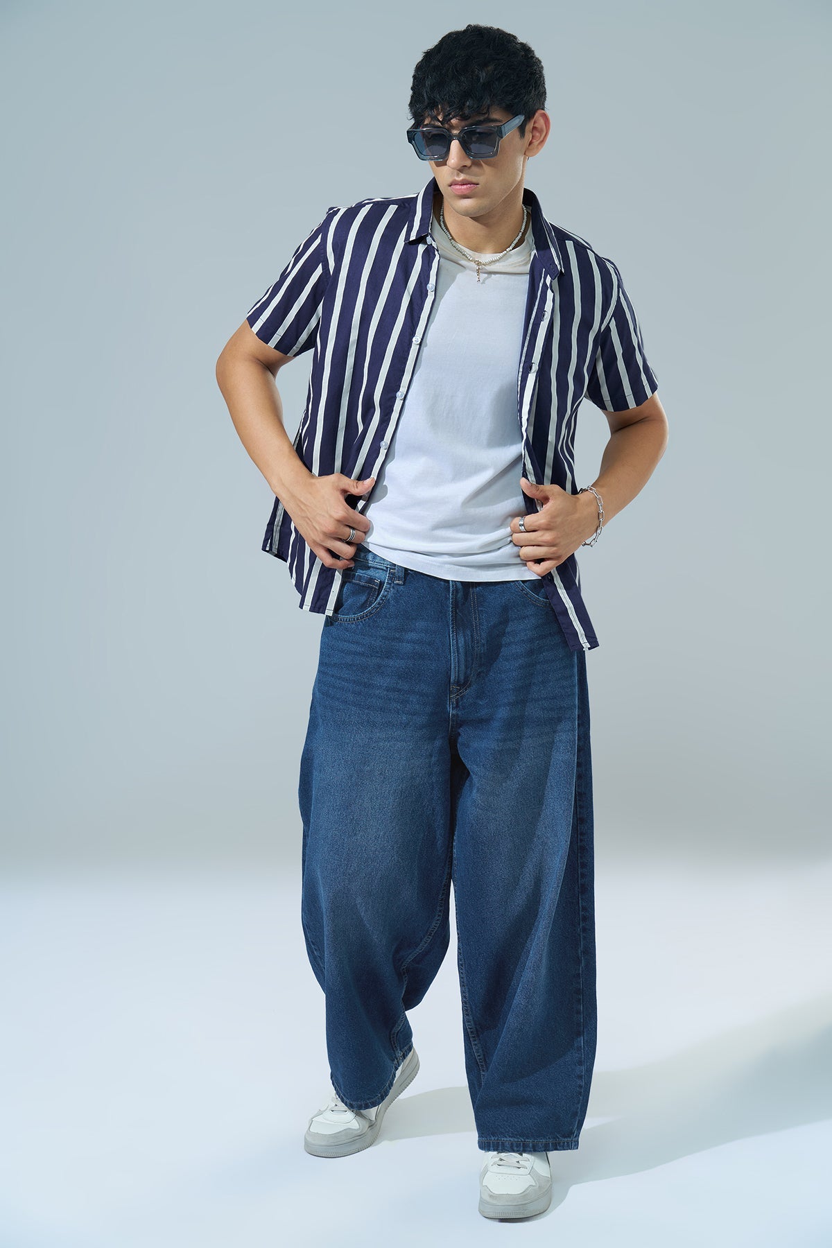 Navy Striped Regular Fit Casual Shirt