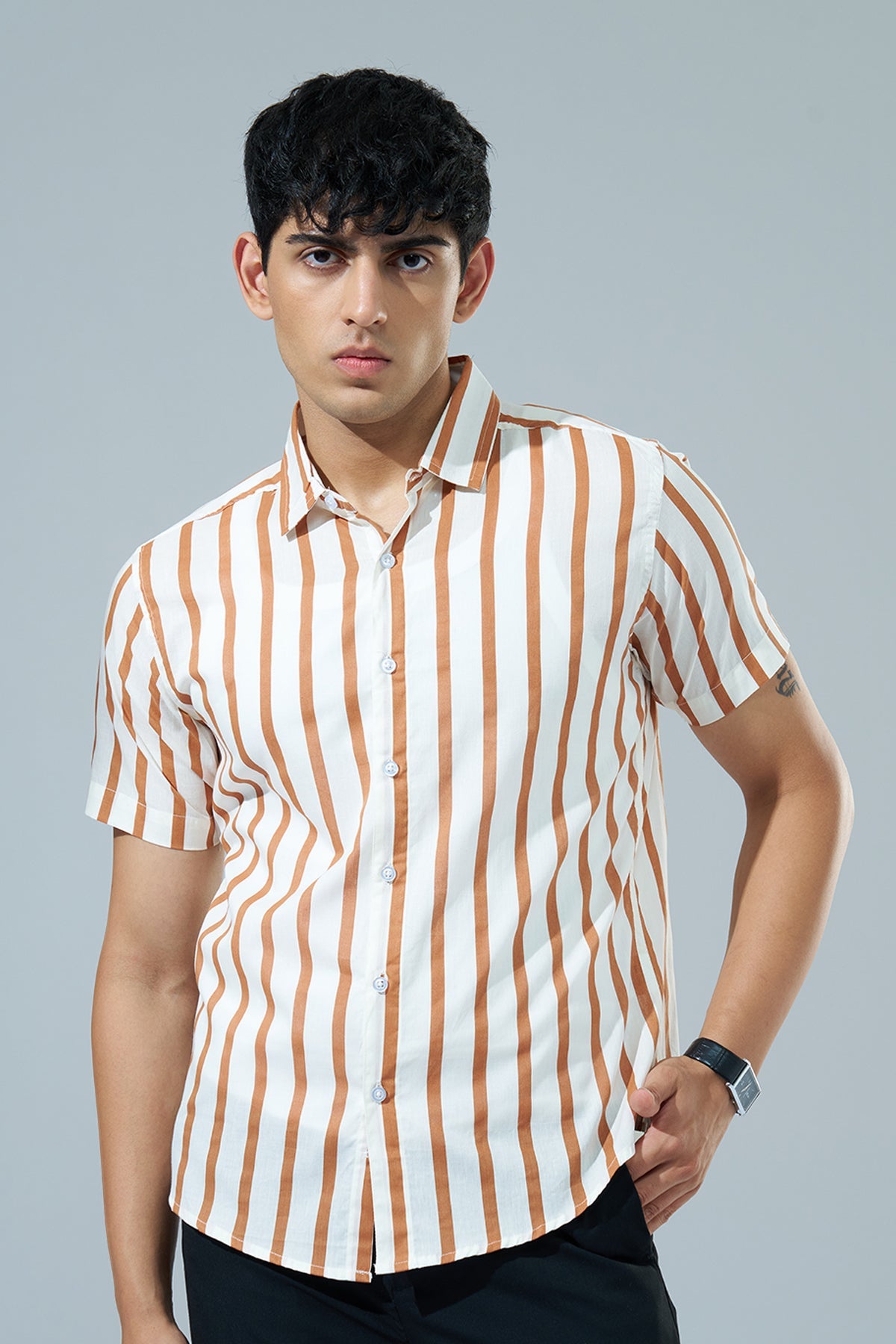 Off White Striped Regular Fit Casual Shirt