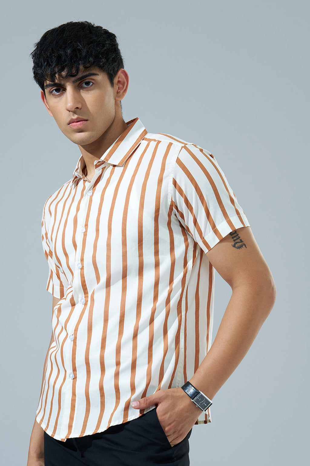 Off White Striped Regular Fit Casual Shirt