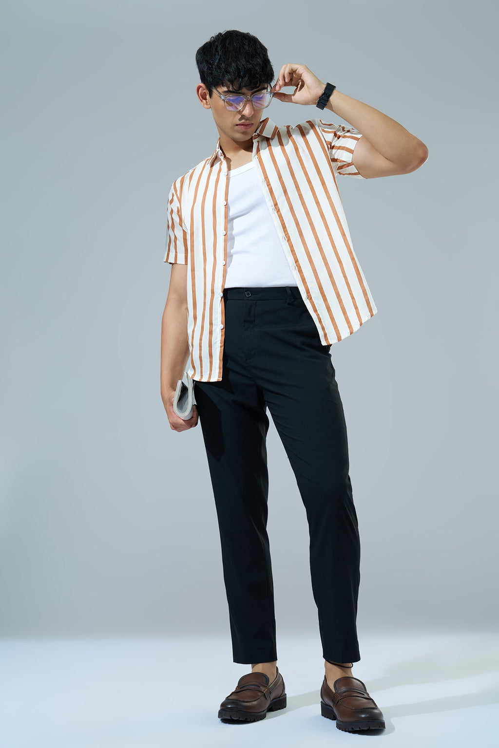 Off White Striped Regular Fit Casual Shirt