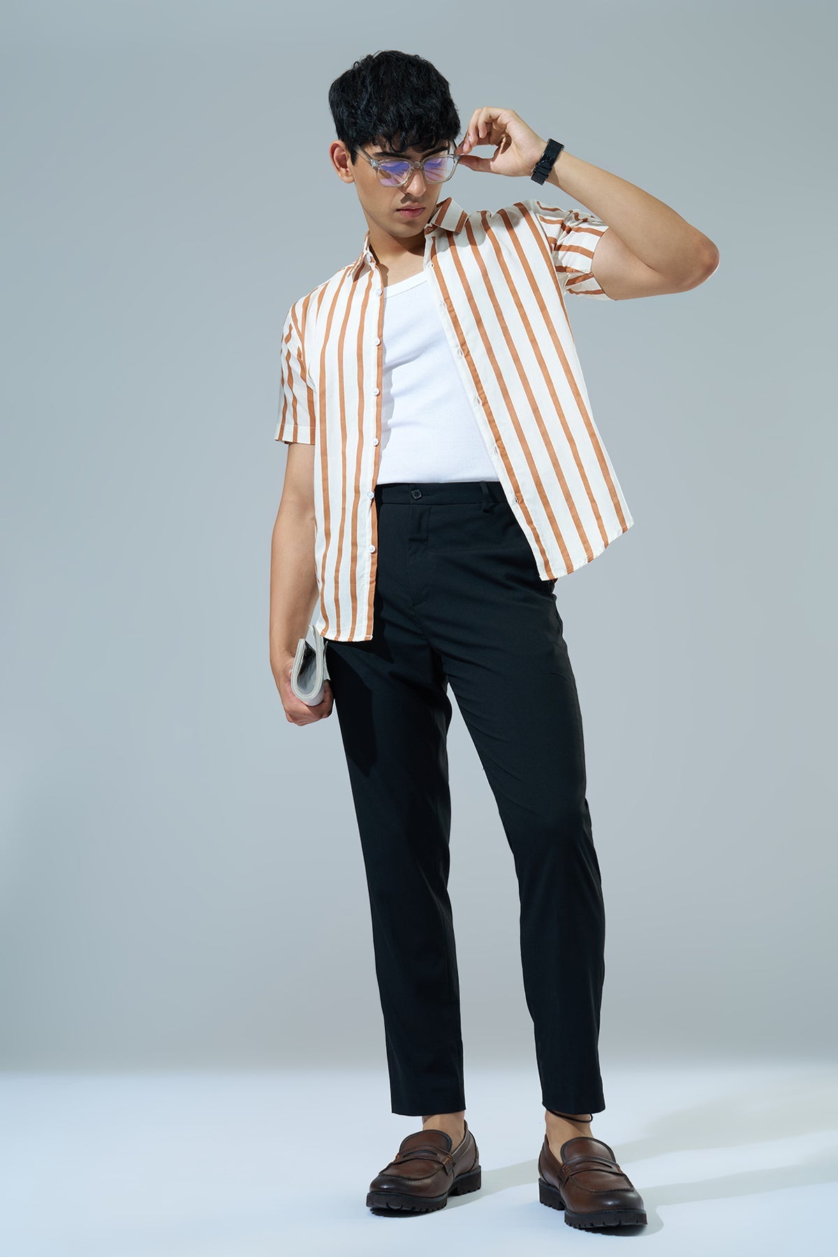 Off White Striped Regular Fit Casual Shirt