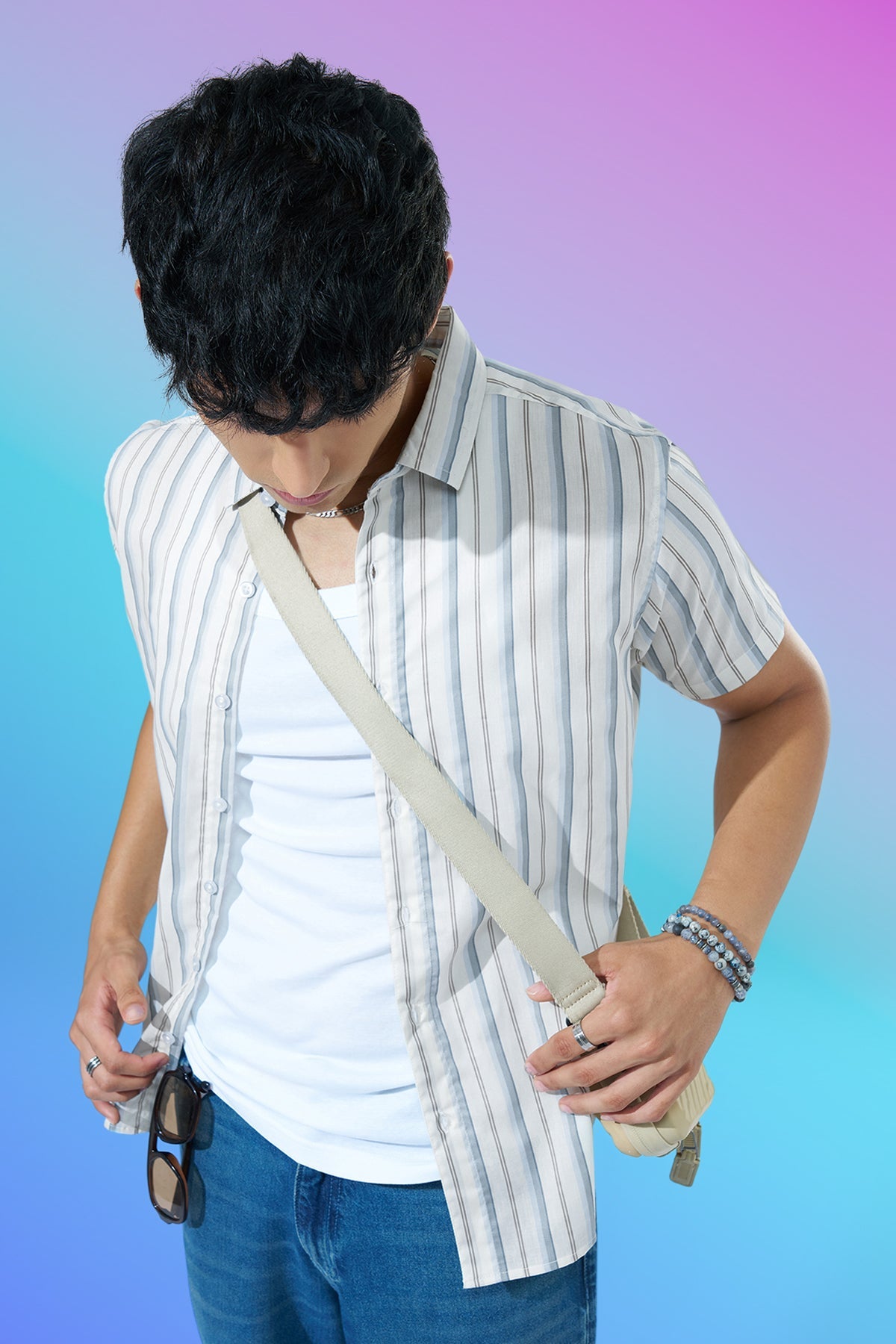 Off White Striped Regular Fit Casual Shirt