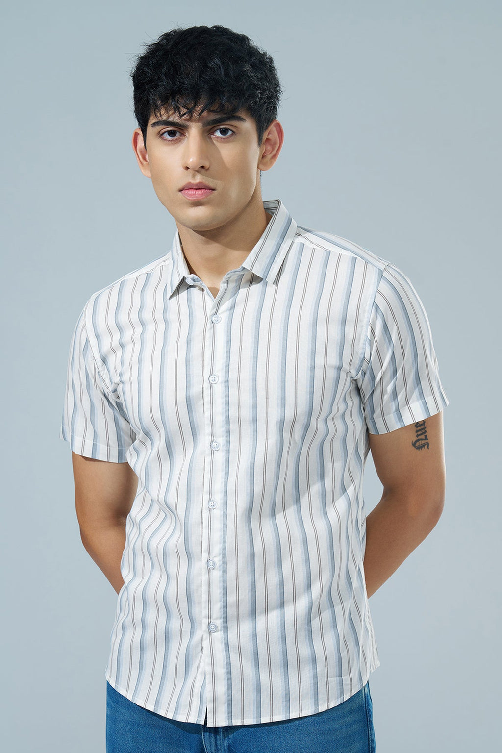 Off White Striped Regular Fit Casual Shirt