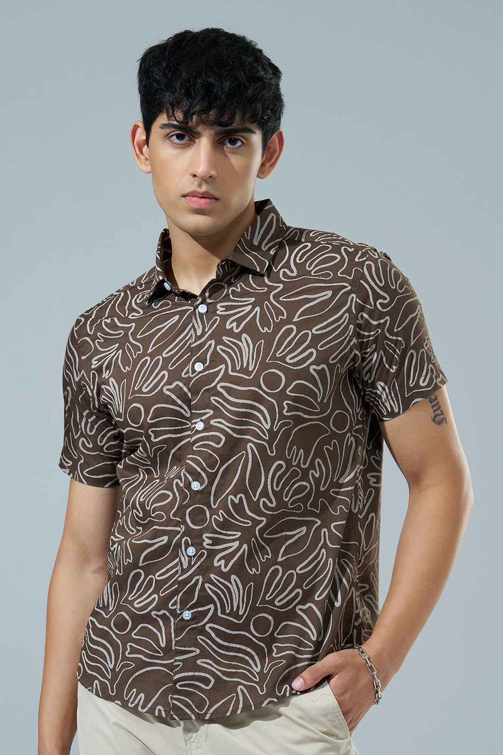 Brown Abstract Printed Regular Fit Casual Shirt