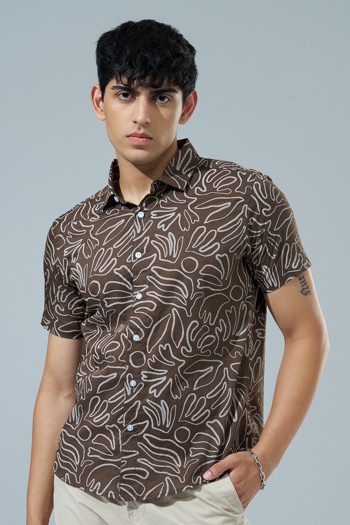 Brown Abstract Printed Regular Fit Casual Shirt