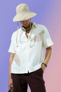 Off White Embroidered Regular Fit Casual Shirt
