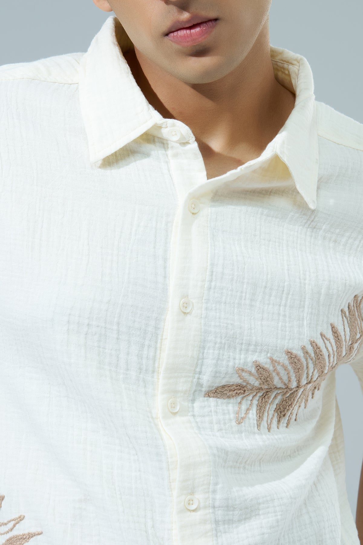 Off White Embroidered Regular Fit Casual Shirt