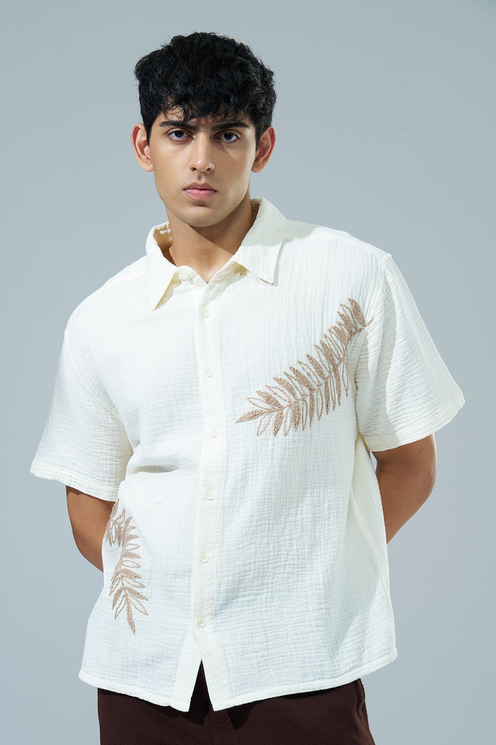 Off White Embroidered Regular Fit Casual Shirt