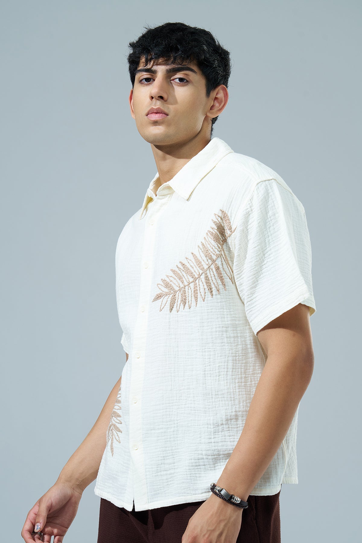 Off White Embroidered Regular Fit Casual Shirt