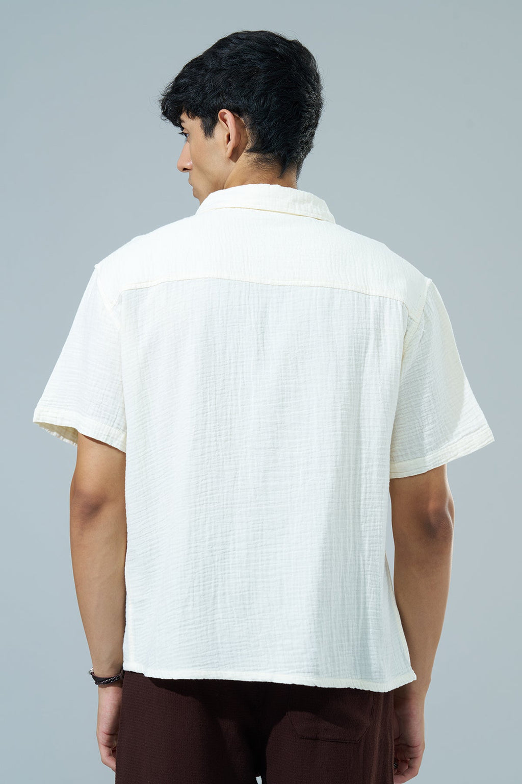 Off White Embroidered Regular Fit Casual Shirt