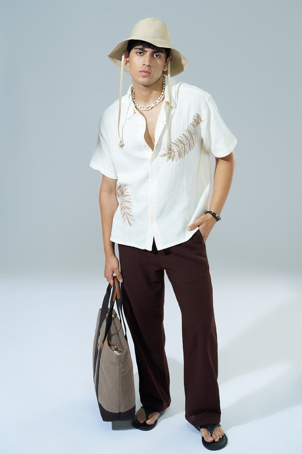 Off White Embroidered Regular Fit Casual Shirt
